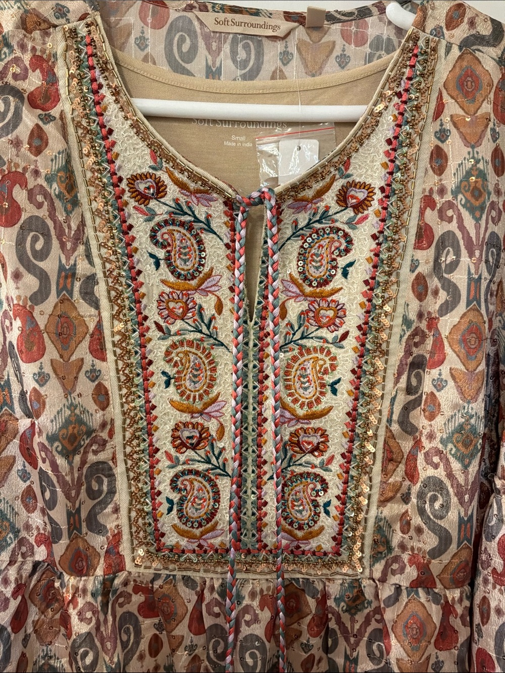 Soft Surroundings Paisley-Print Sequin Embroidered  Tunic in Rust & Cream